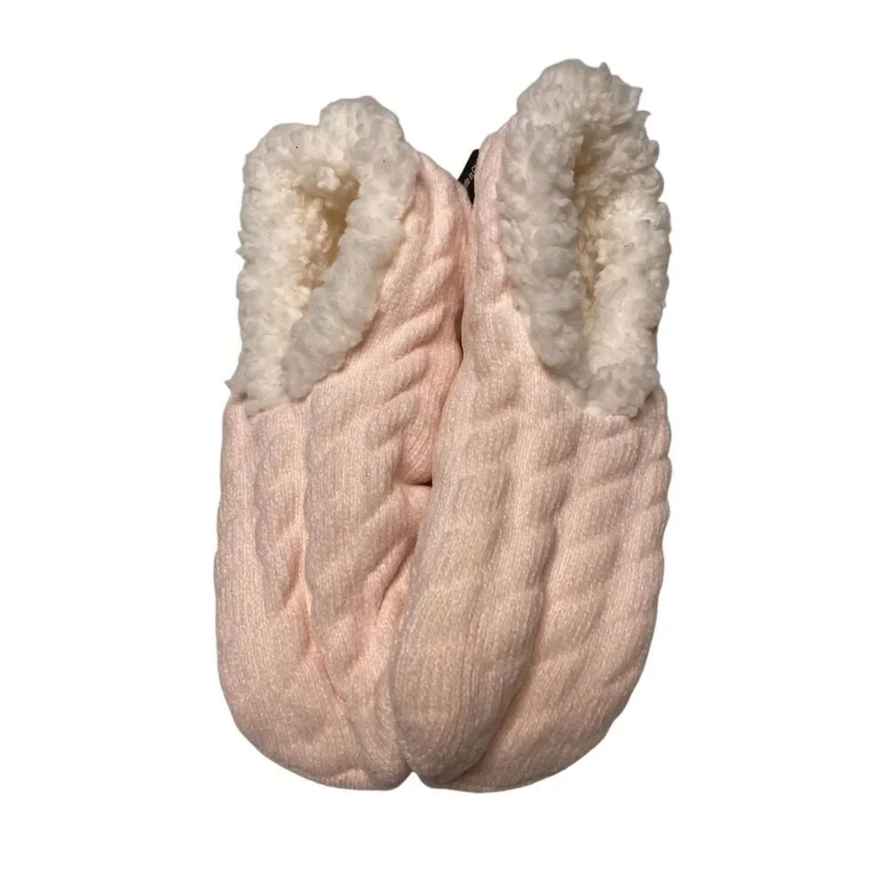 Ladies Slipper Socks Pink Sherpa Lined Cable Knit Non Slip Size 5.5-7.5 Winter